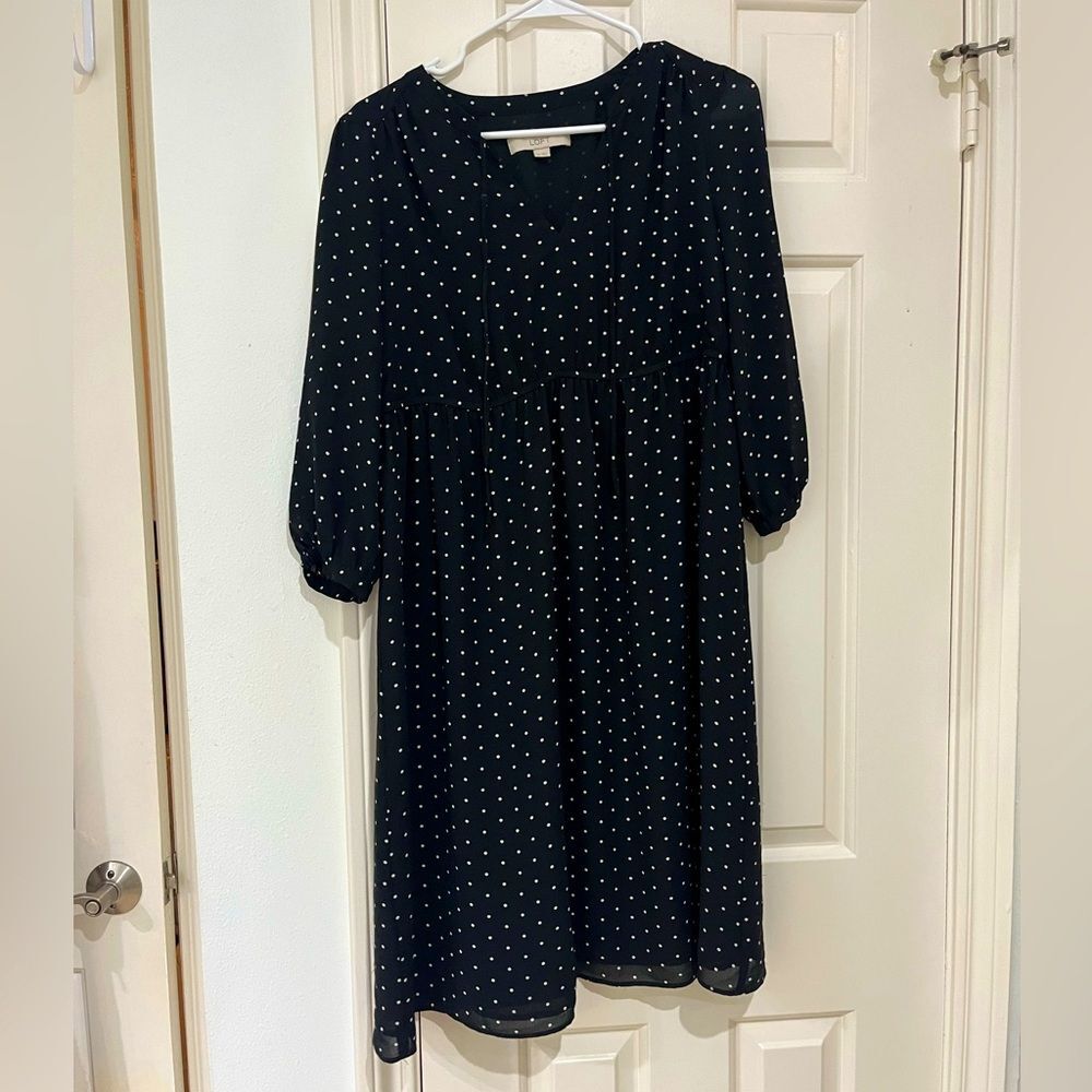 LOFT Ann Taylor Polka Dot Mid Sleeve V Neck Dress size medium SM